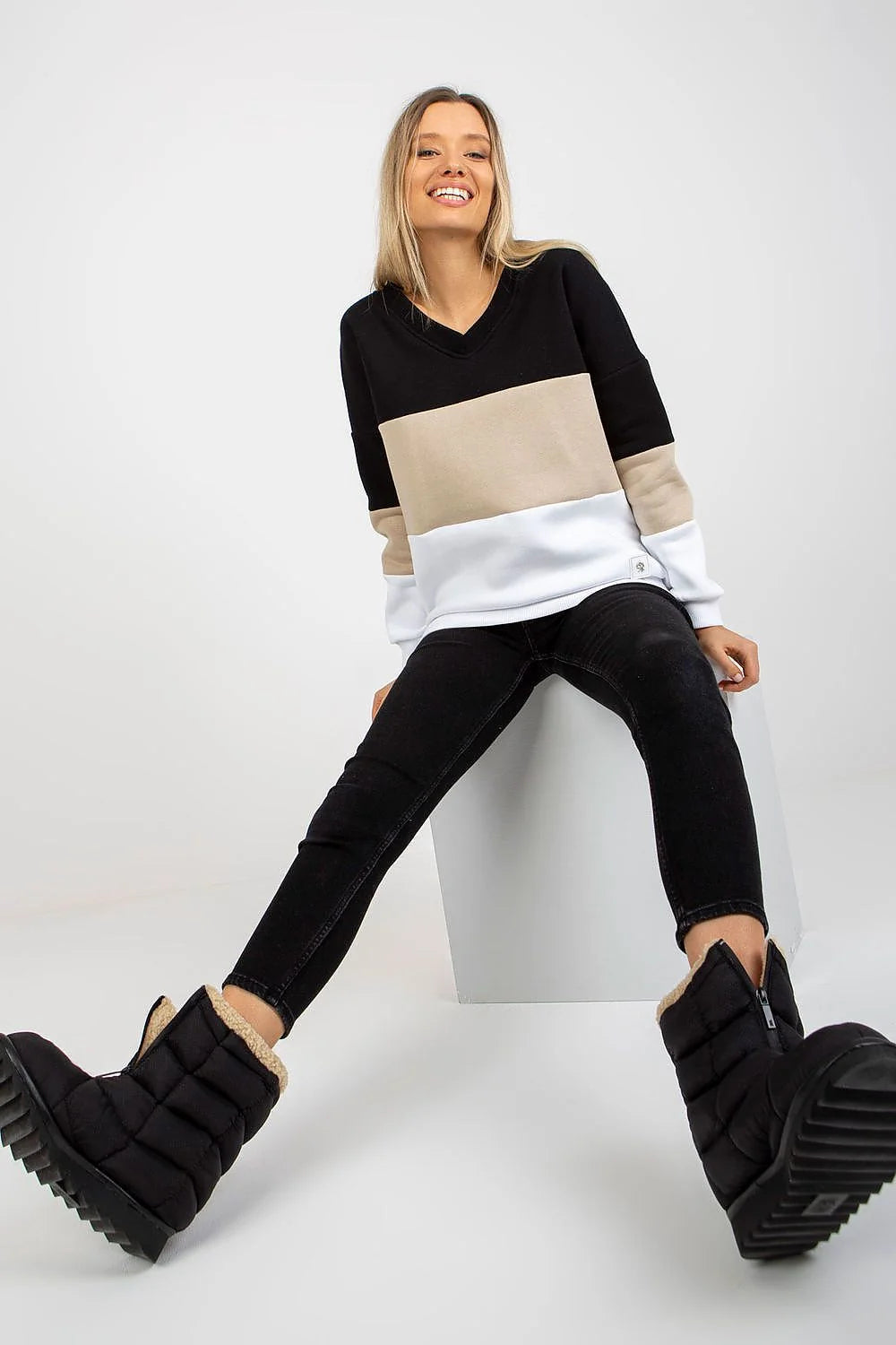 sweatshirt femme coton colorblock noir beige blanc col V oversize manches longues emmanchures tombantes molleton doux