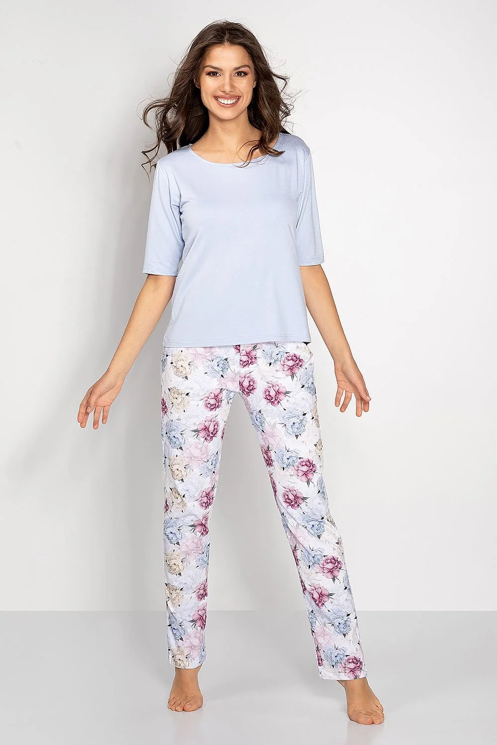 Pyjama pour femme élégant et stylé, chemisier court manches courtes, pantalon long floral, coton 100%, tailles S à XL