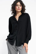 Chemise femme manches longues épaules carrées col classique tissu fluide noir viscose 100% tailles 36-42