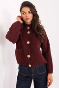 cardigan femme bordeaux grosse maille col montant coupe courte manches ballon fermeture boutonnée gros boutons dorés martelés poches plaquées moelleuse