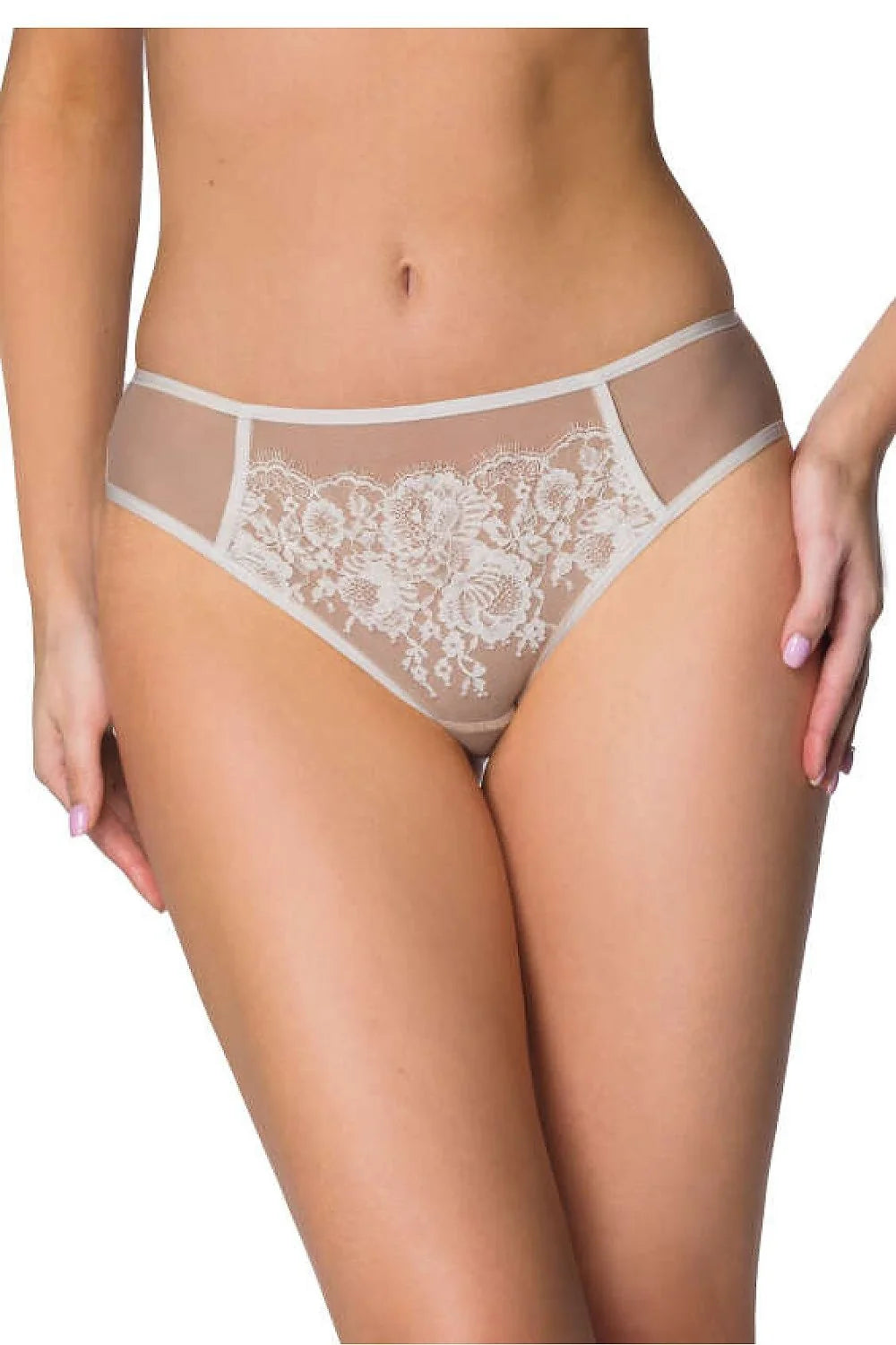 Culotte féminine élégante en dentelle floral nude et blanc tissu doux ajusté taille élastique