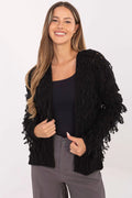 cardigan gilet femme oversize maille grosse noire texturée franges bouclées col ouvert manches longues bords côtelés coupe droite hanches chaude