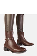 bottines femme brunes chocolat cuir synthétique tige mi mollet fermeture zippée bride boucle dorée cadenas talon bloc antidérapante