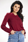 chemisier femme bordeaux manches longues nouées col rond coupe droite fluide léger polyester élasthanne poche fentes boutons polyvalent bureau chic