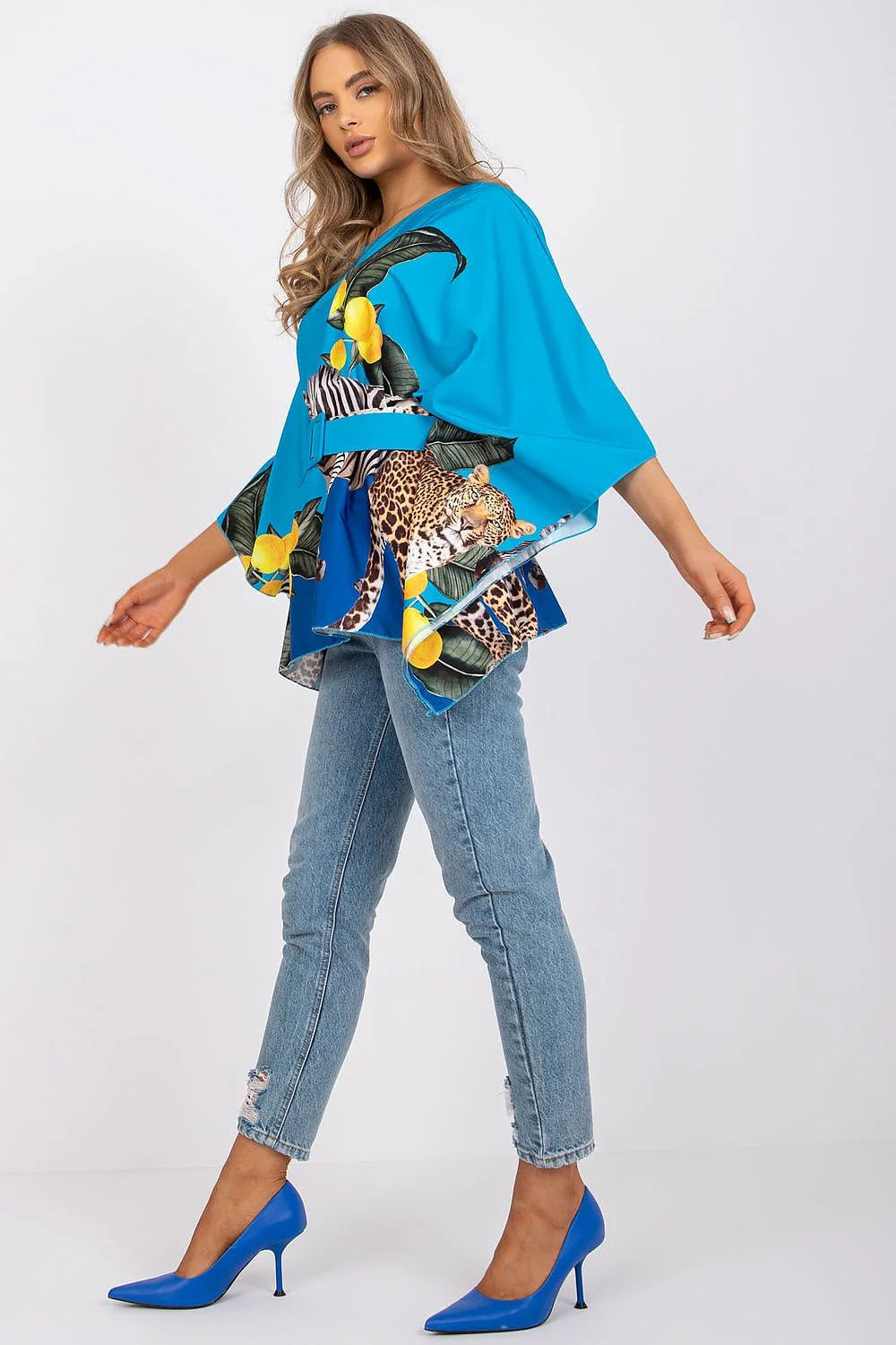 Chemisier Italy Moda pour femme, motifs animaux tropicaux, manches larges, ceinture polyester elasthanne bleu vibrant été