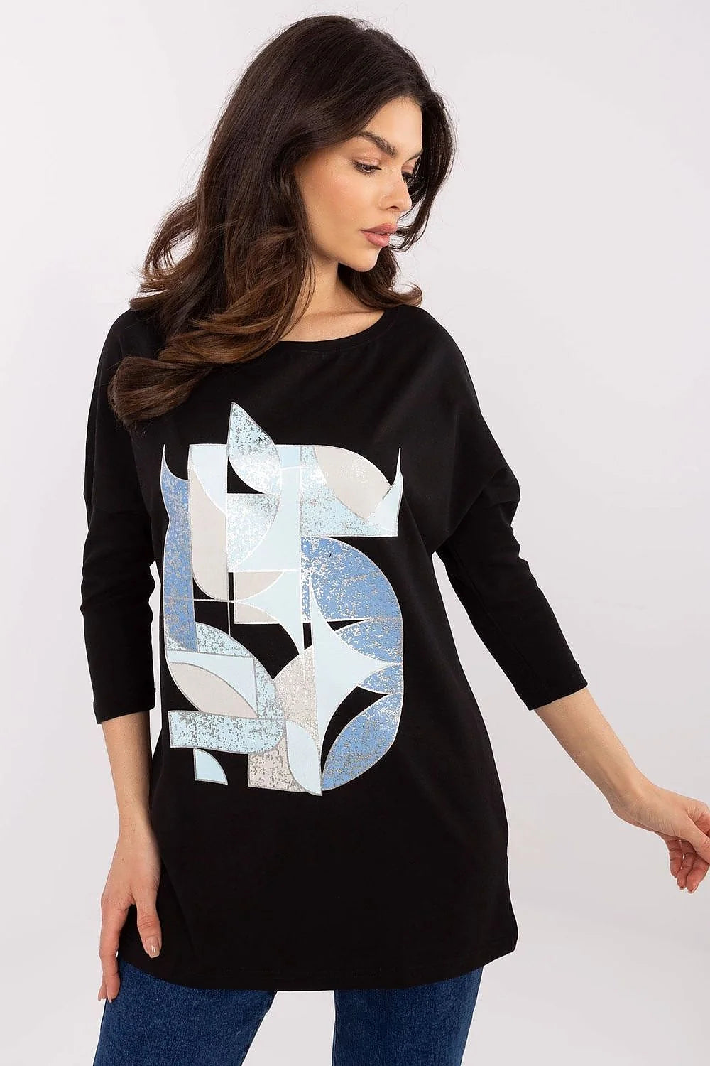 chemisier femme décontracté manches trois quarts coupe oversize ample jersey doux extensible coton élasthanne imprimé graphique bleu pastel argenté
