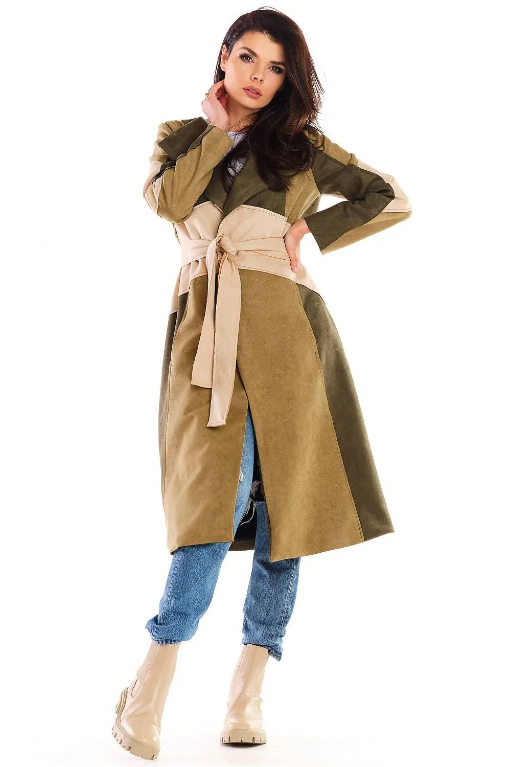 Manteau femme mi-long imitation daim élégant ceinture ajustable kaki beige style moderne automne
