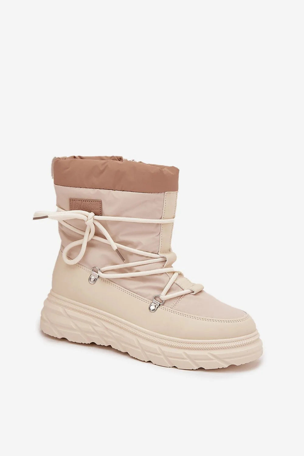Lee Cooper bottes neige montantes femme beige matelassé similicuir semelle plateforme crantée fermeture éclair laçage crochets métalliques doublure peluche