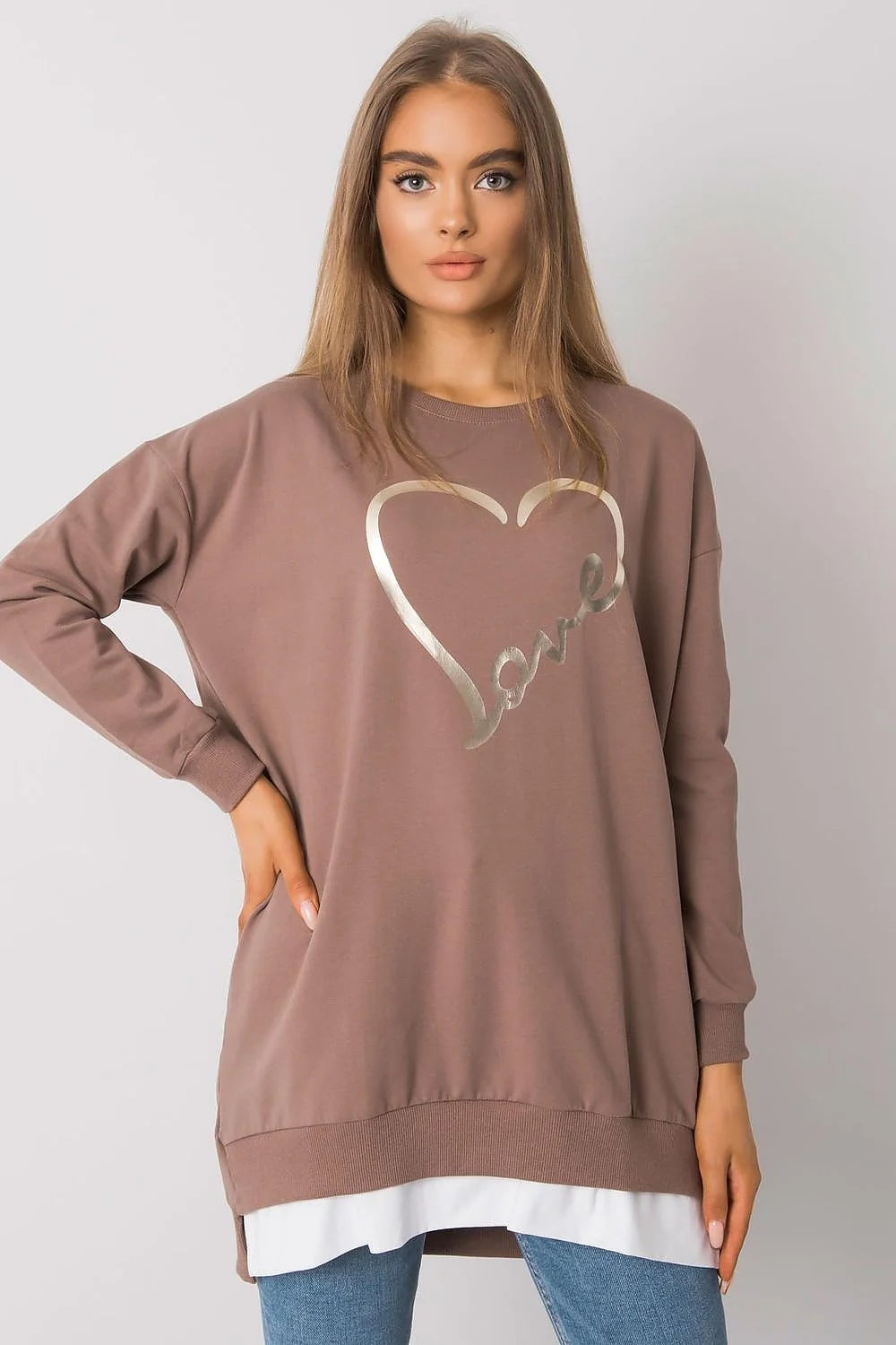 Sweatshirt femme design cœur love doré beige rosé coton polyester manches longues encolure ronde coupe ample