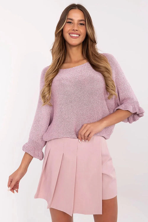 ensemble femme mode pullover jupe plissée rose poudré chiné taille ajustable oversize manches volantées col bateau tricot texturé
