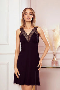 Nuisette viscose noir dentelle décolleté v bretelles larges ajustée sophistiquée sensualité soirée femme sexy