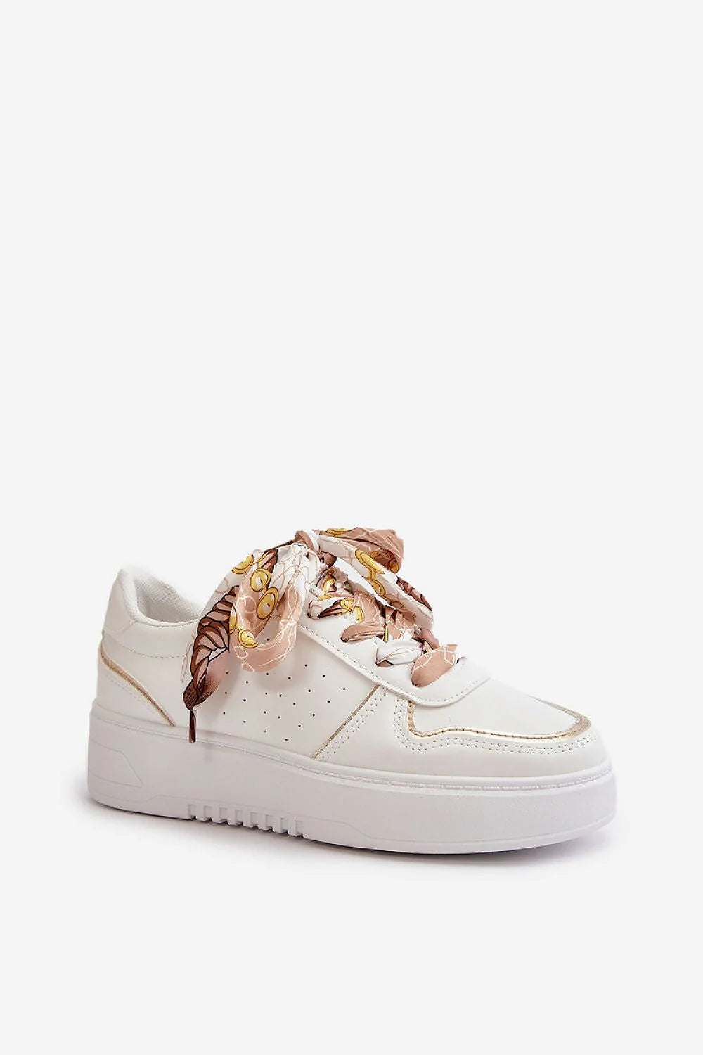 Baskets basses femmes design élégant moderne style urbain cuir synthétique blanc doré lacets tissu soie motif graphique