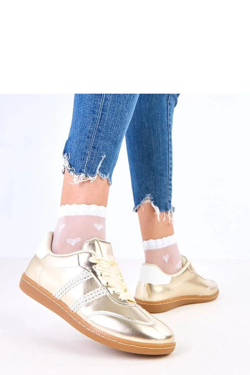 baskets femme basses dorées cuir métallisé lacets satin bandes blanches talon contrasté bout rond semelle antidérapante 2cm confortables sportives décontractées
