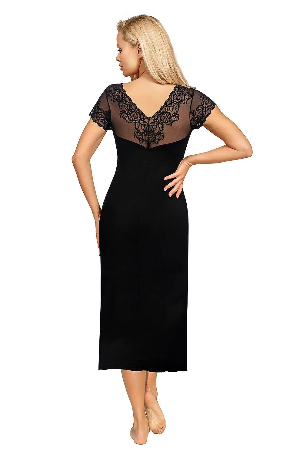 Chemise de nuit élégante en dentelle noire pour femme, style sophistiqué, coupe ajustée bustier, manches courtes, occasion nocturne