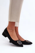 escarpins femme écosuède noir talon bas pointu effilé cheville doré breloques ornement ovale marbré cuir confort