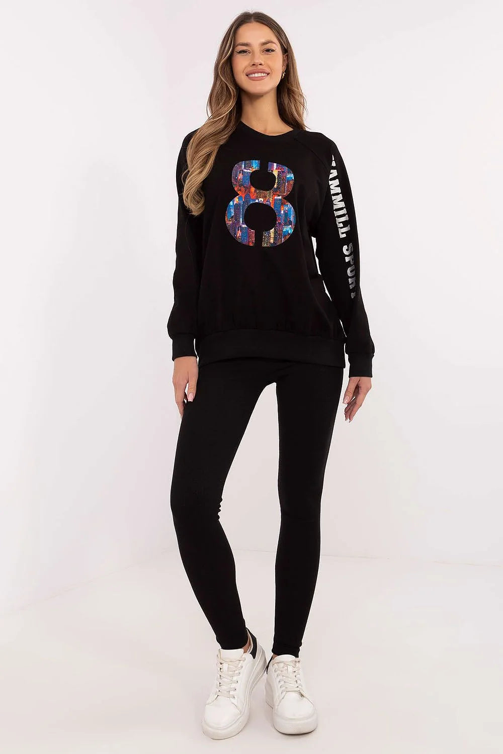 Ensemble sportif pour femme noir avec motif multicolore Miami Sports sweatshirt et leggings ajustés