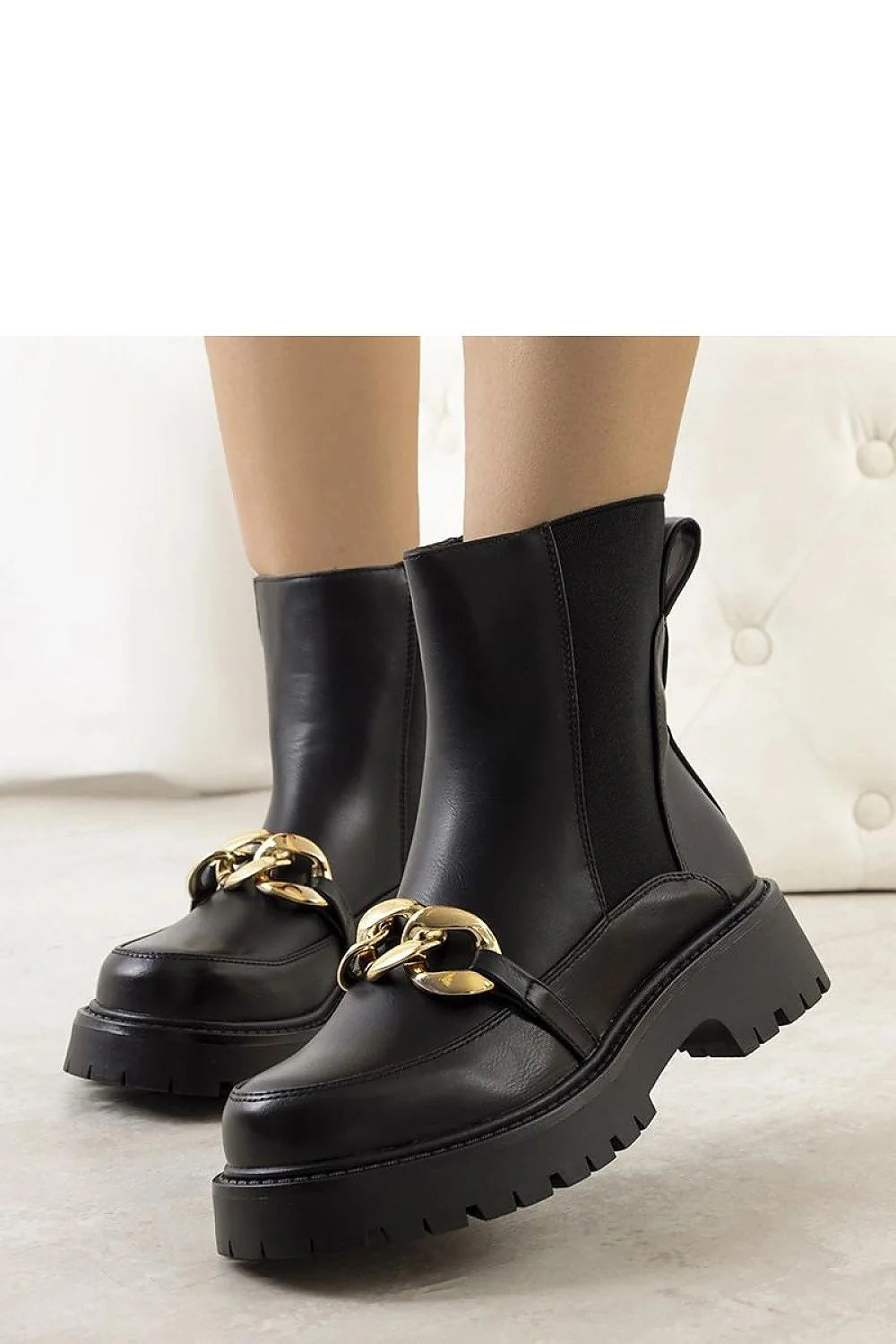 Bottines pour femmes设计 chic et moderne cuir noir haute qualité semelle épaisse talon surélevé chaîne métal doré occasion urbaine