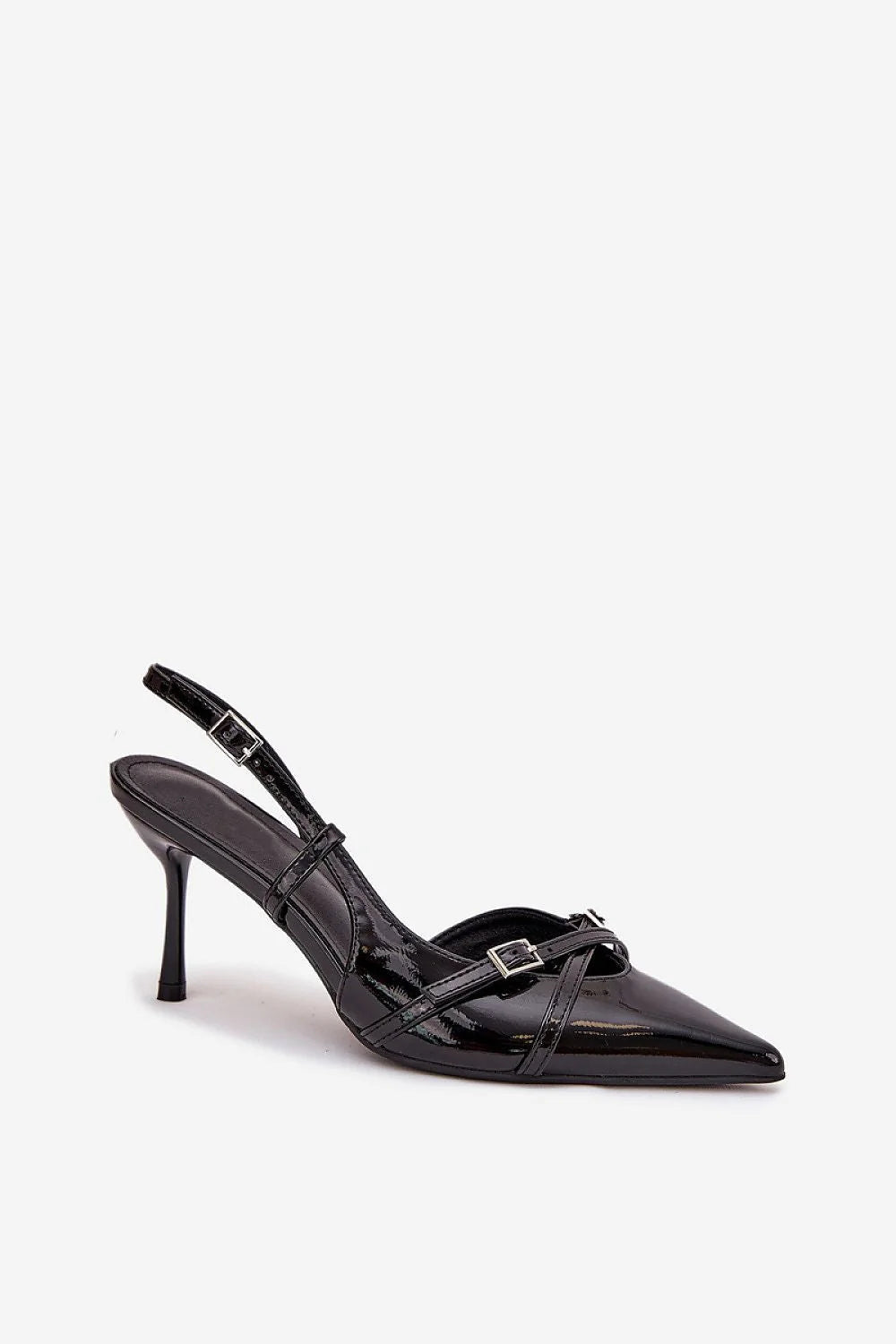 escarpins femme slingback verni noir bout pointu bride réglable boucle métal MaryJane croisé lanières entrelacées talon aiguille 8cm élégant soirée