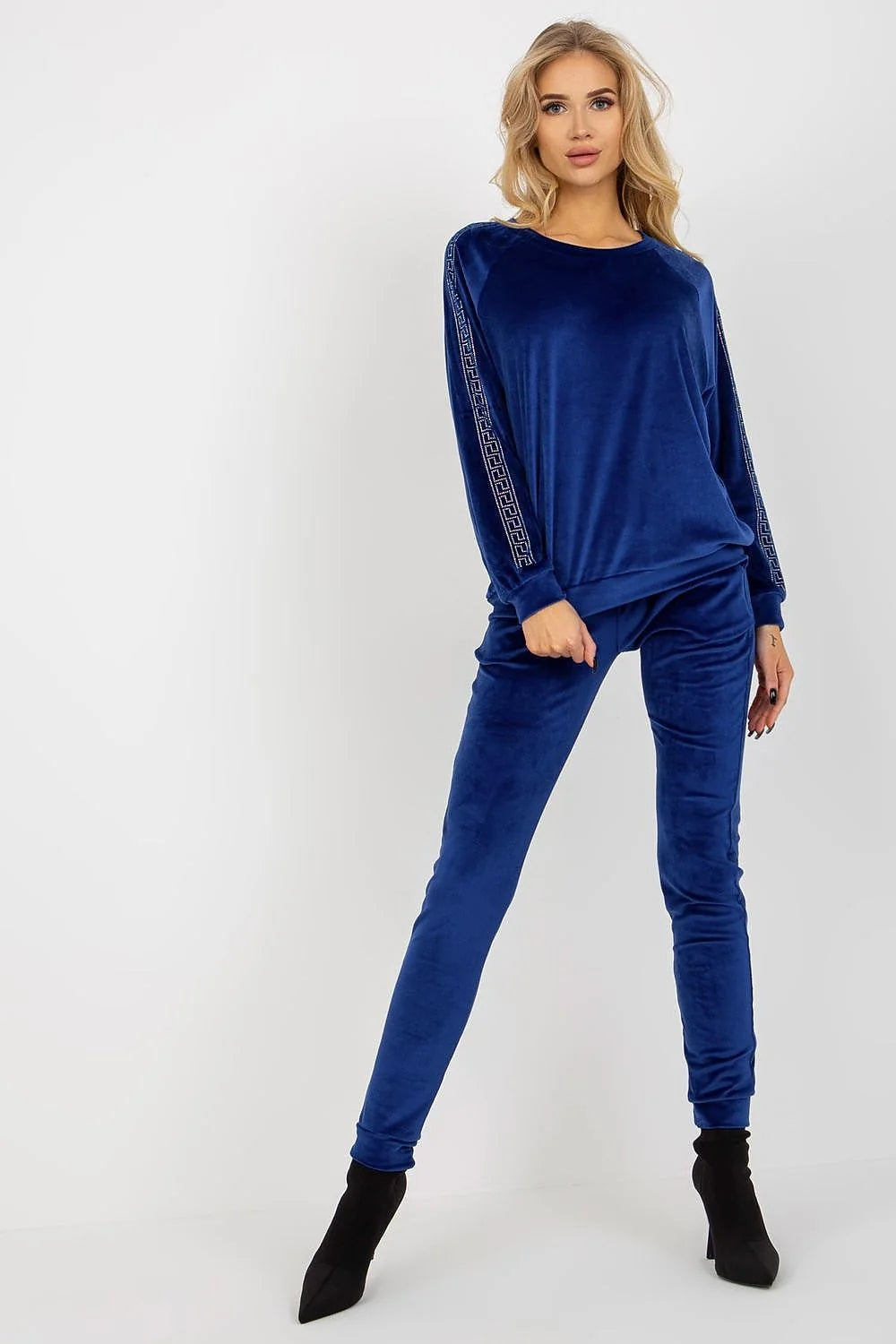 Ensemble Relevance velours bleu roi longue blouse manches longues pantalon ajusté femme élégant confort