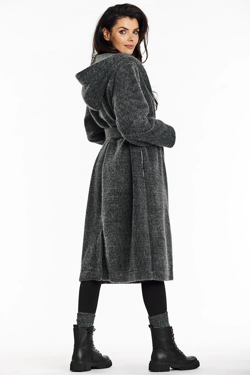Manteau pour femme long à capuche gris foncé col châle ceinture maille ourson automne-hiver élégance décontractée Awama