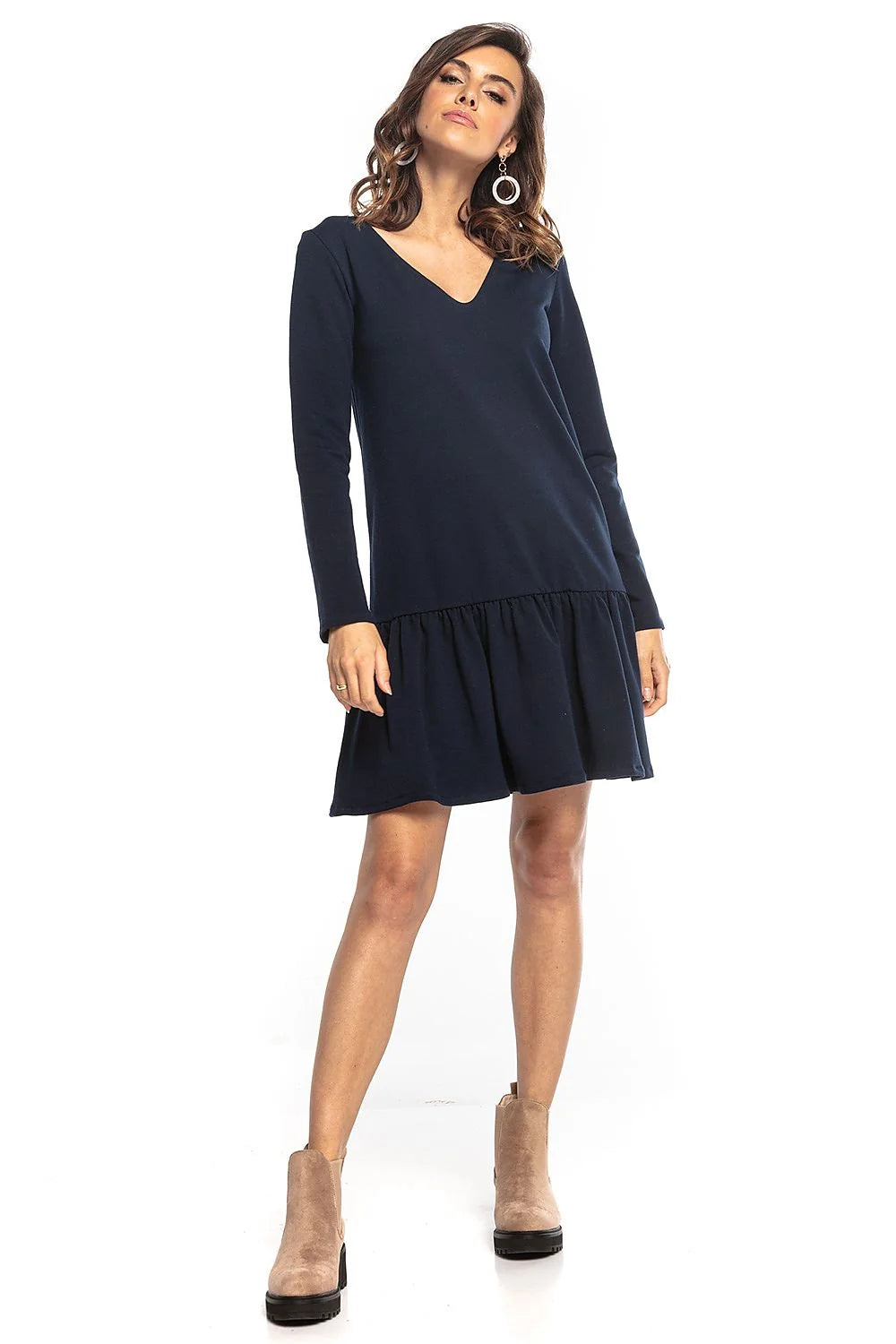 robe Tessita jersey extensible kaki olive courte manches longues encolure V coupe droite évasée volant froncé ourlet confortable quotidien chic
