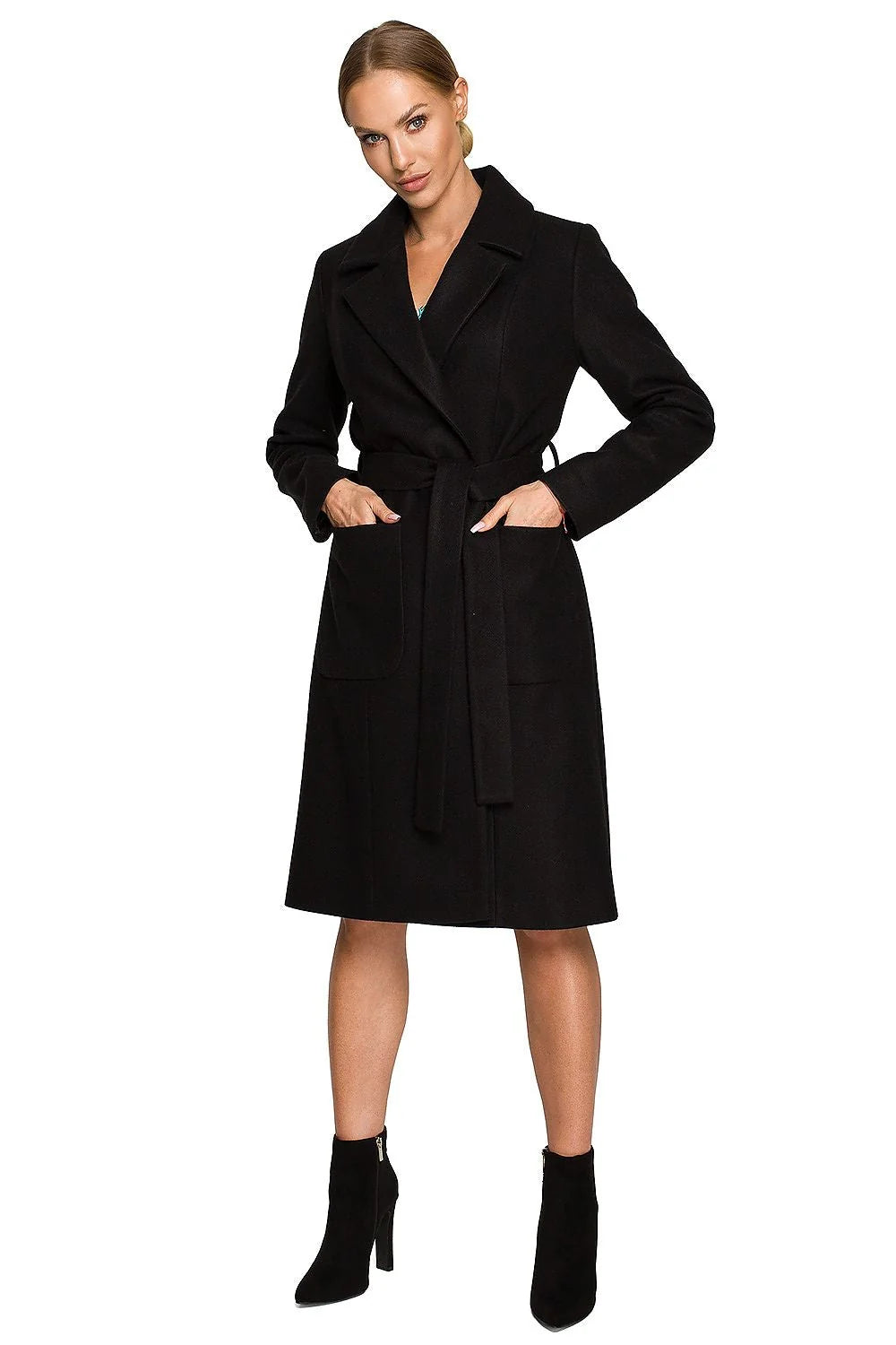 Manteau femme élégant long col revers ceinture poches vert veste hiver mode laine acrylique polyester