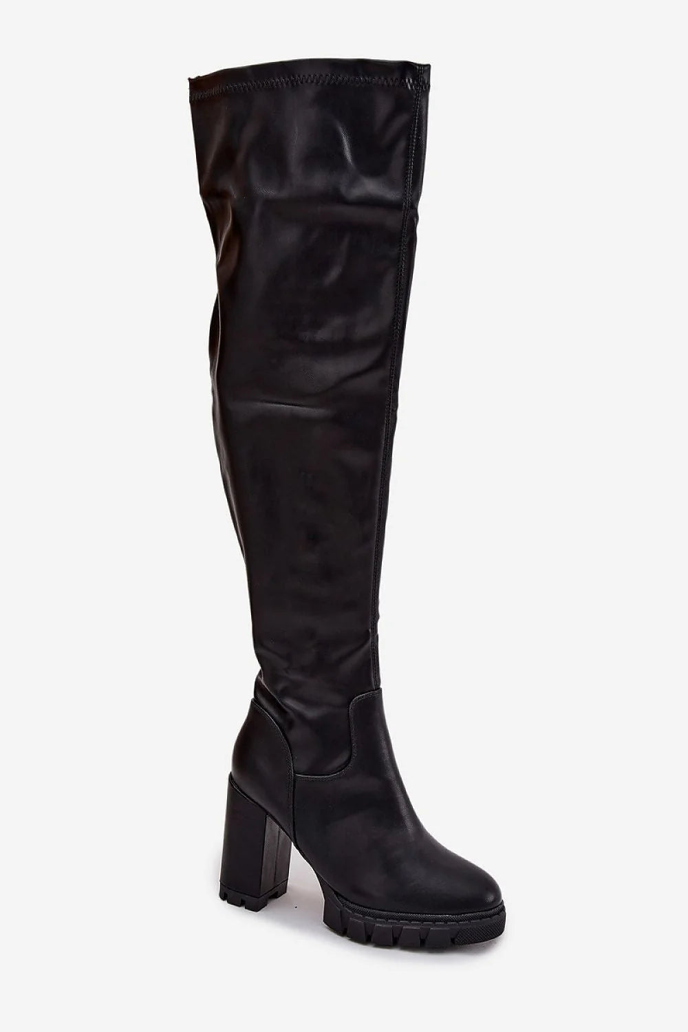 cuissardes similicuir noir finition lisse tige froncée bout rond talon bloc haut semelle crantée antidérapante fermeture latérale enfilage facile glamour