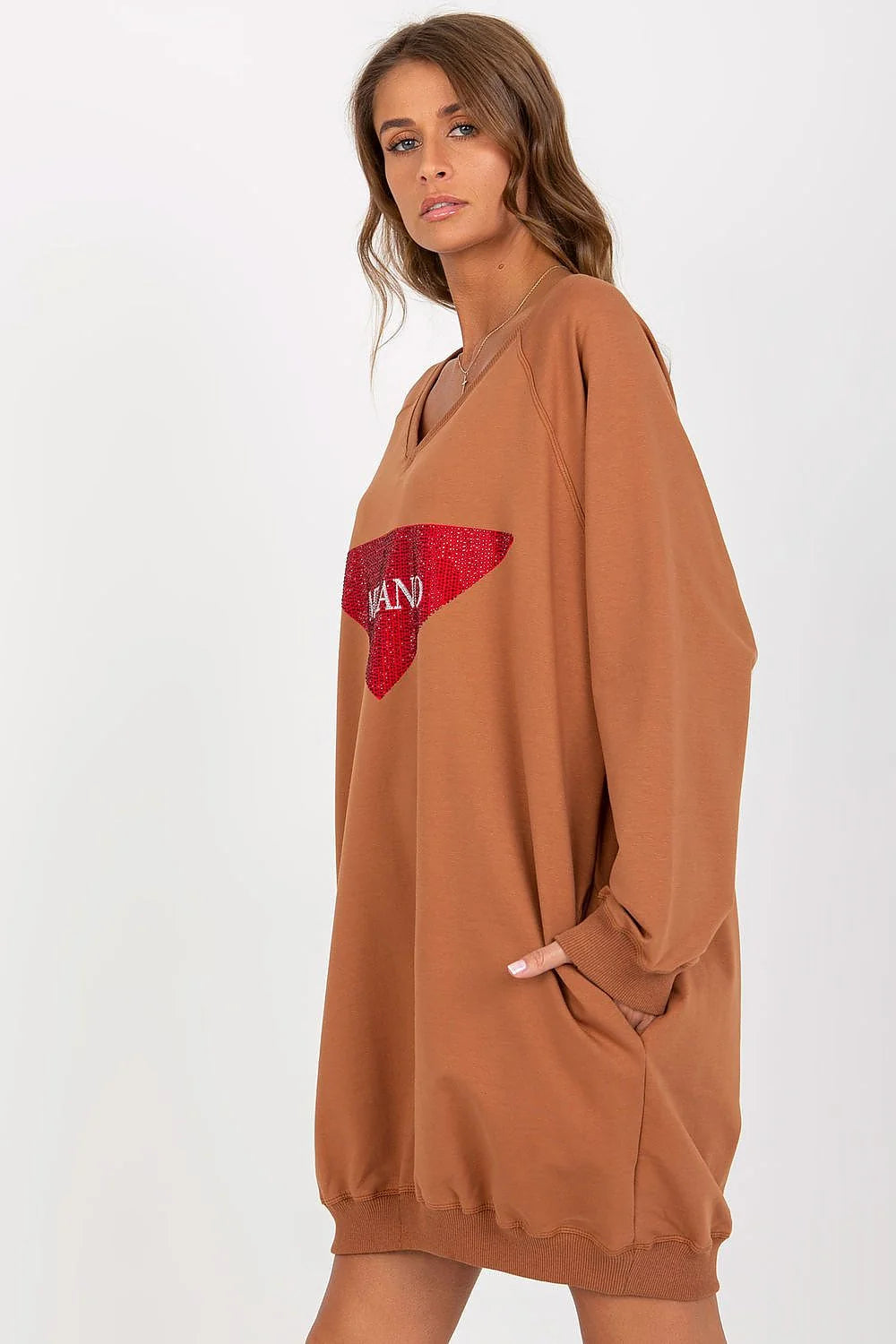 Robe Pull Femme en Mélange Coton Polyester Élasthanne, Style Décontracté, Longueur Prolongée, Encolure en V, Poches Latérales, Motif Diamant MILANO, Marron Clair, Rouge, Blanc