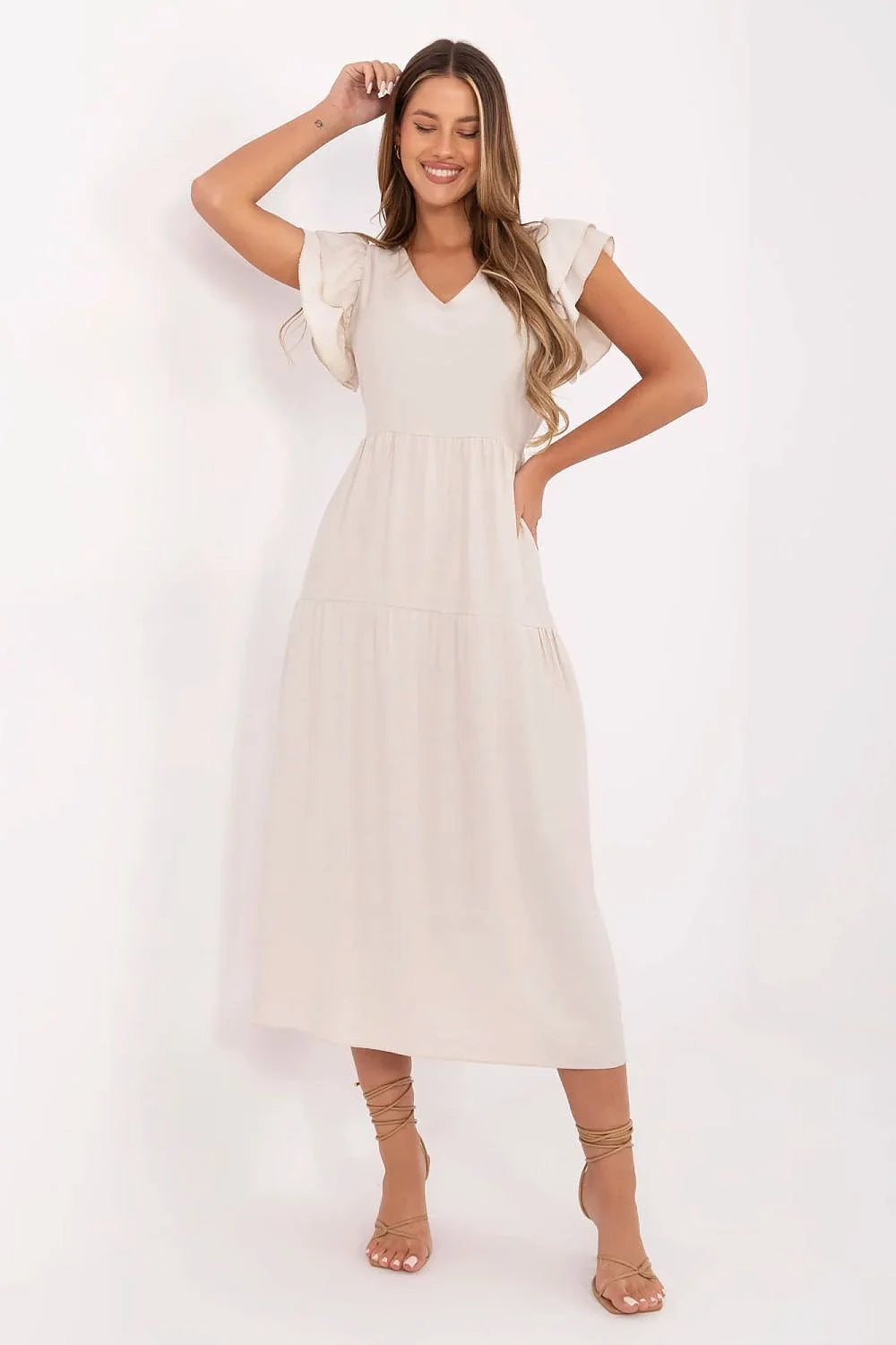Robe longue été femme en viscose et nylon, manches courtes à volants, col en V, style bohème chic, couleur écrue