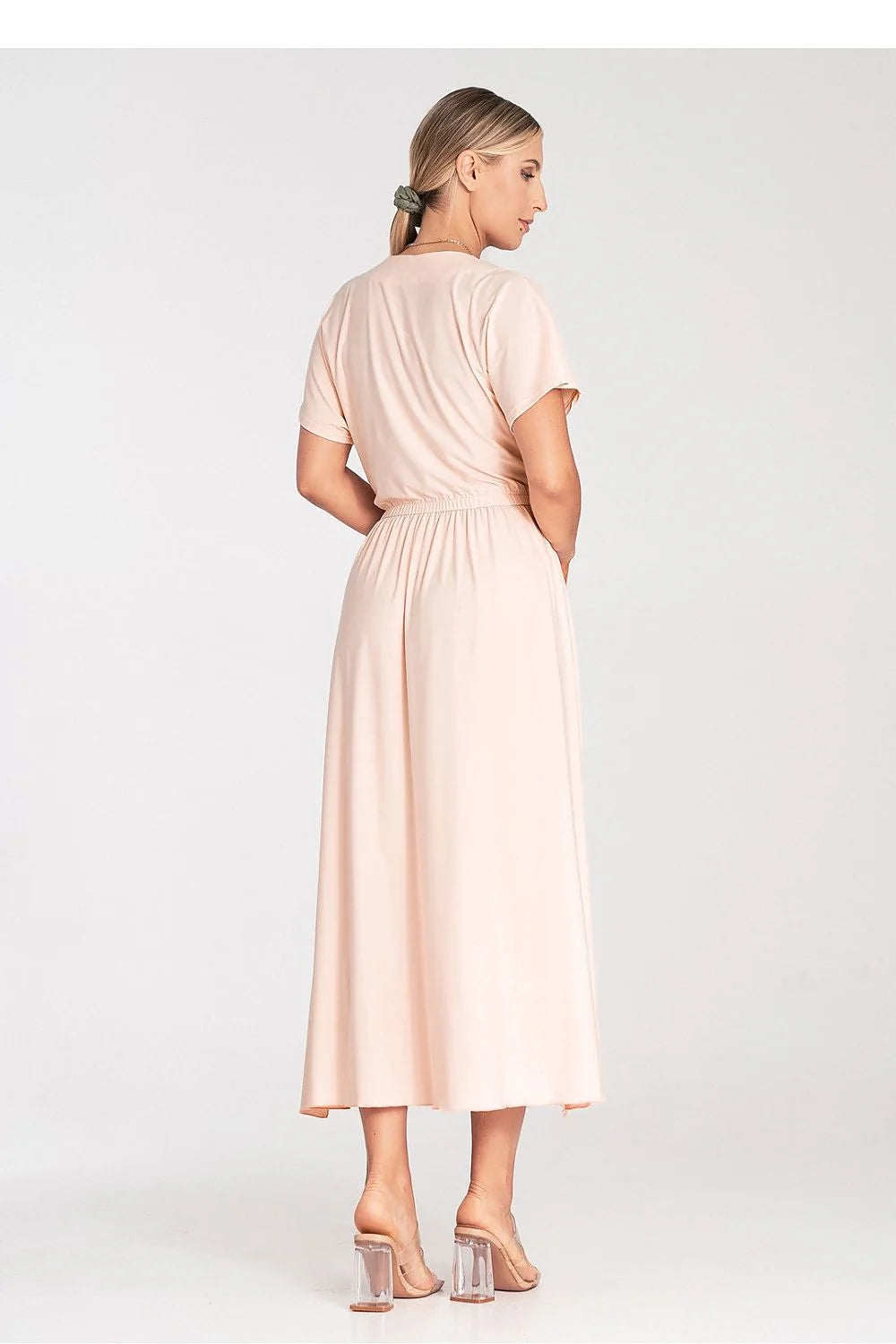 Robe élégante décontractée longue col en V croisé manches courtes taille élastiquée fente latérale pêche pastel femme