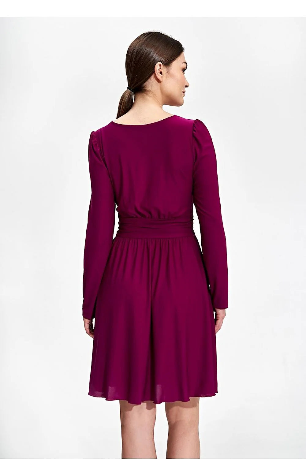 Robe de jour élégante évasée genou manches longues décolleté bateau ceinture boutons sans doublure polyester élasthanne femme