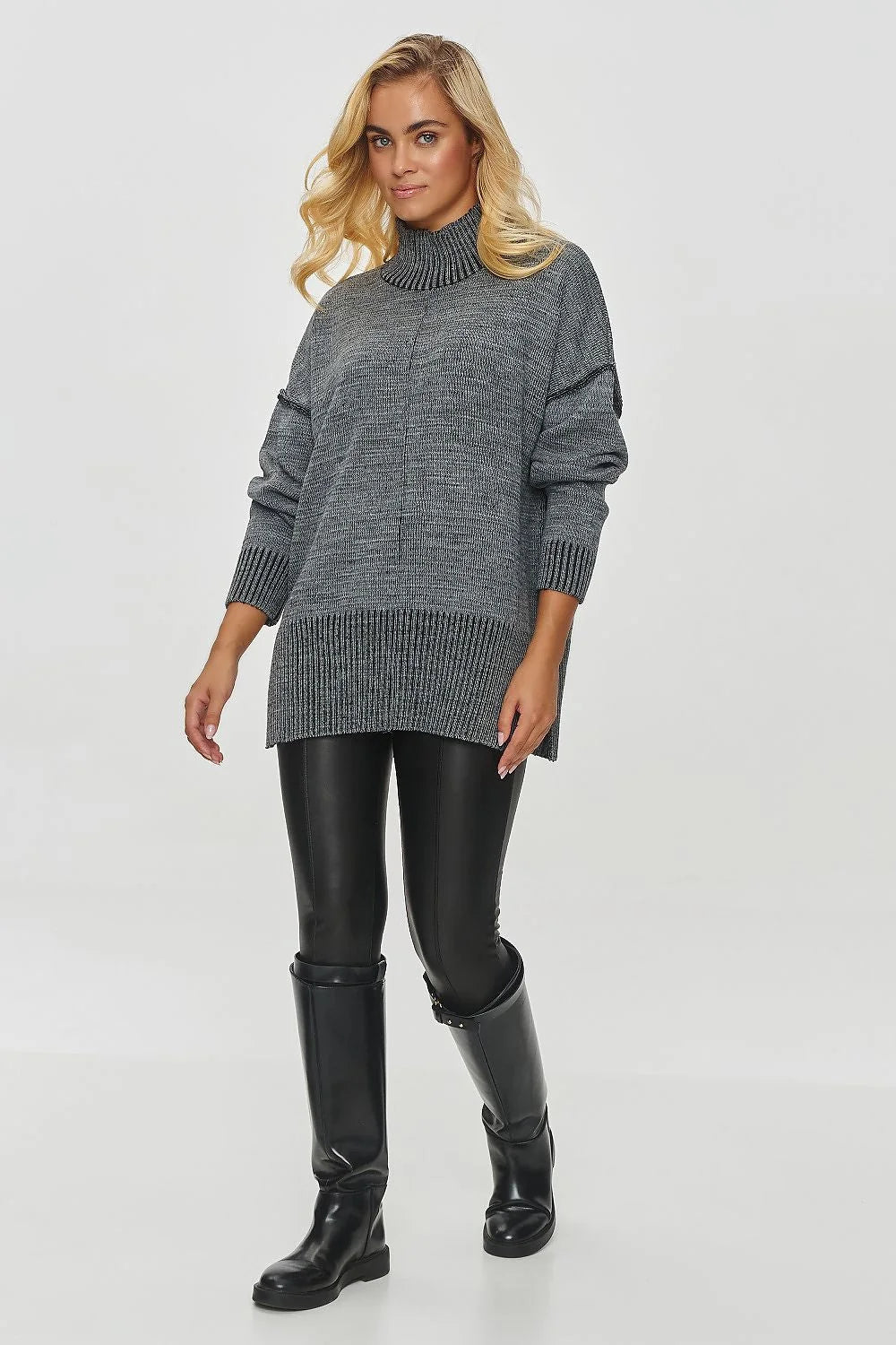 Pull femme col montant coupe ample manches longues tricot mélange laine gris chiné longline fente latérale cosy mode
