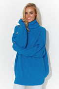 pull femme col roulé molletonné maille épaisse oversize coupe longue tunique manches longues tombantes bords côtelés bleu électrique