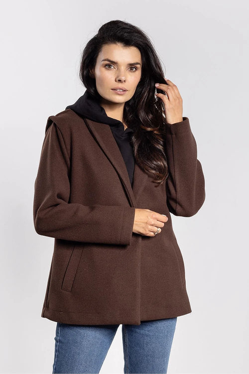 veste velours côtelé femme mi saison marron chocolat coupe boxy oversize col châle poches passepoilées manches longues fermeture bouton invisible