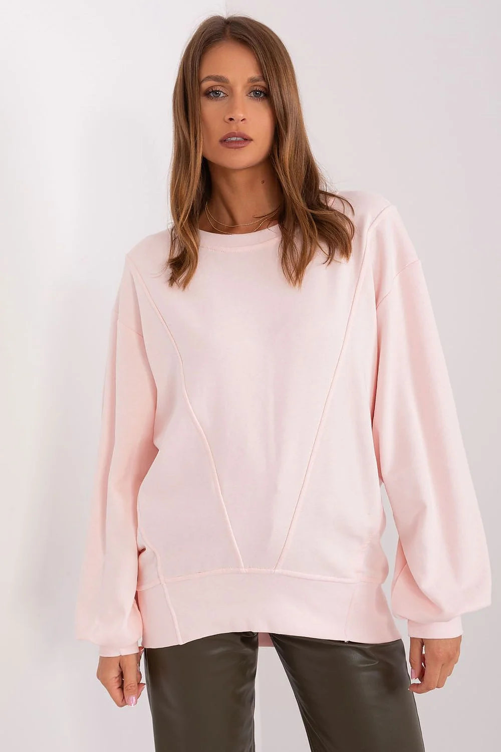 sweatshirt femme oversize col rond manches longues bouffantes coutures décoratives molleton doux coton polyester rose pâle