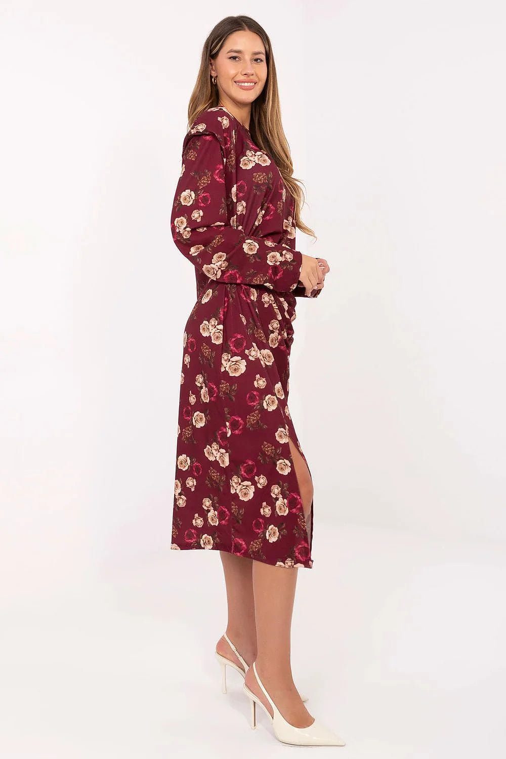 robe midi femme fleurie bordeaux satinée manches longues encolure ronde drapée froncée taille fente latérale épaulettes élégante chic soirée cérémonie