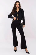 ensemble femme cardigan court col V maille tricot noir pantalon flare taille haute jambe évasée cheville boutons dorés élégance confortable