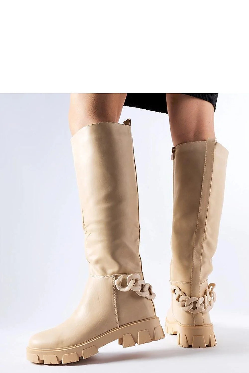Bottes hautes cuir élégantes modernes beige fermeture éclair chaîne décorative semelle crantée automne-hiver