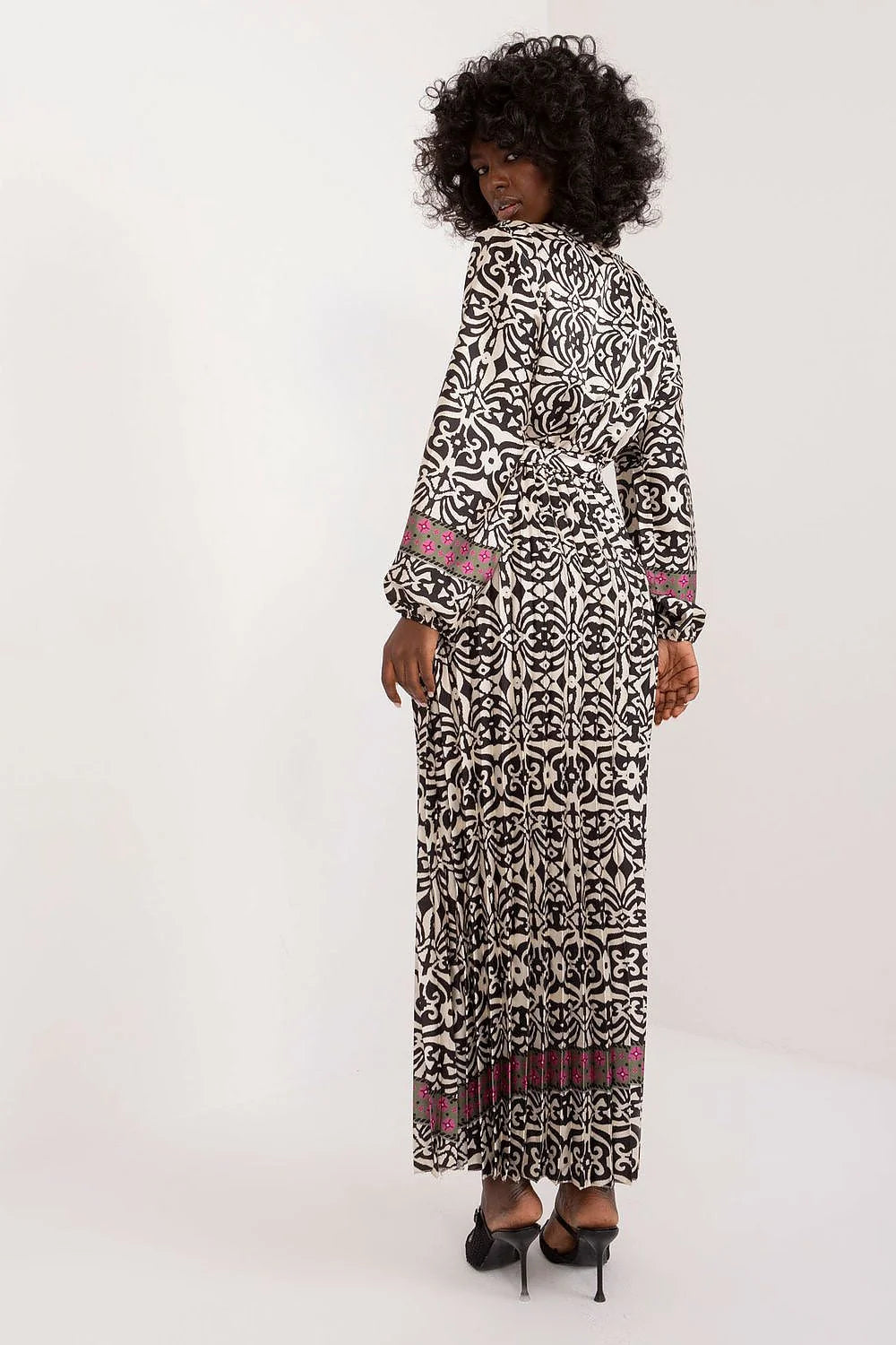 Robe longue élégante imprimé ethnique col V profond manches longues fuchsia polyester femme occasion semi-formelle