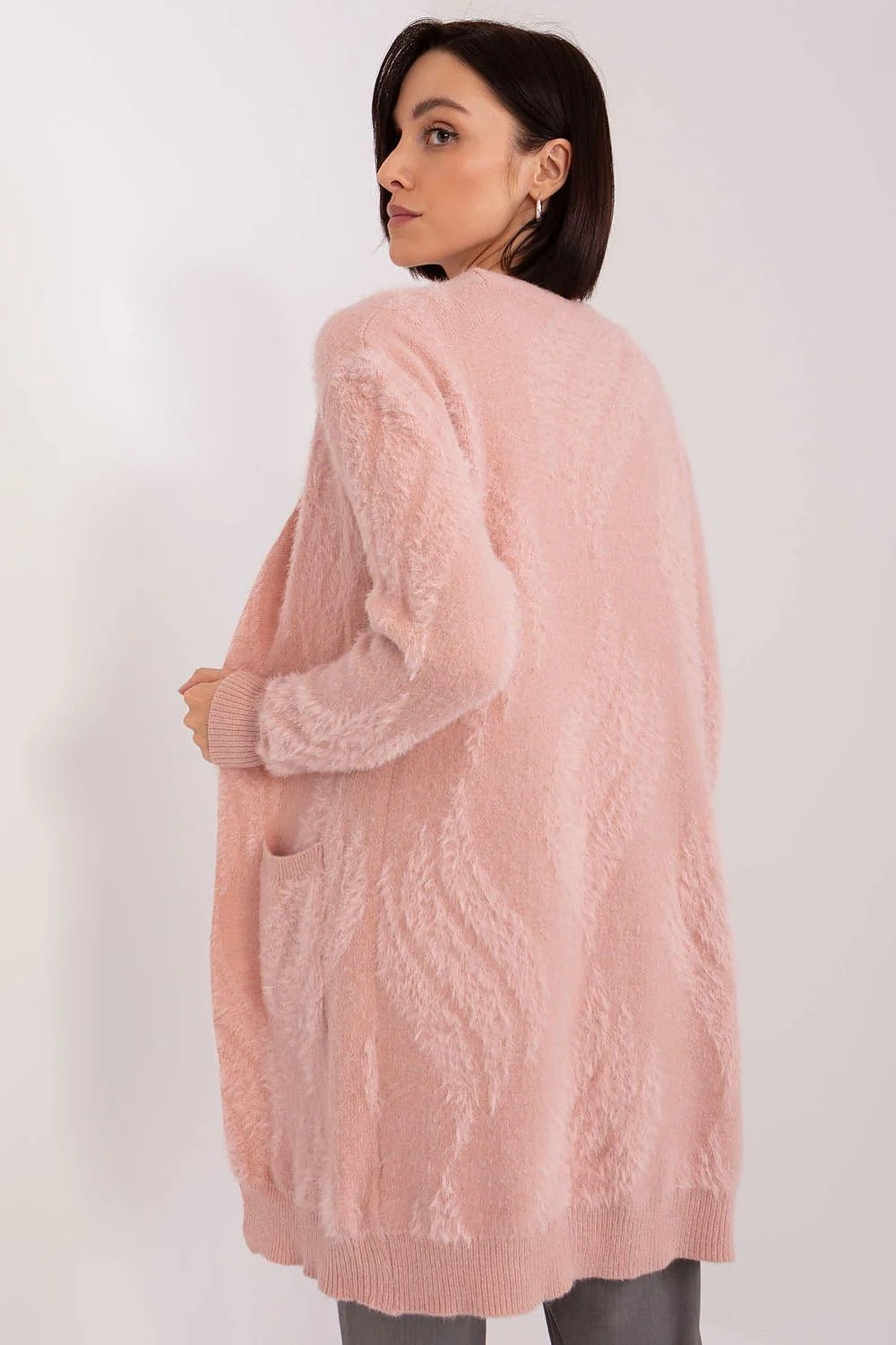 Cardigan pour femme élégant en laine longueur mi-cuisse manches longues couleur rose pâle sans fermeture poches patchées