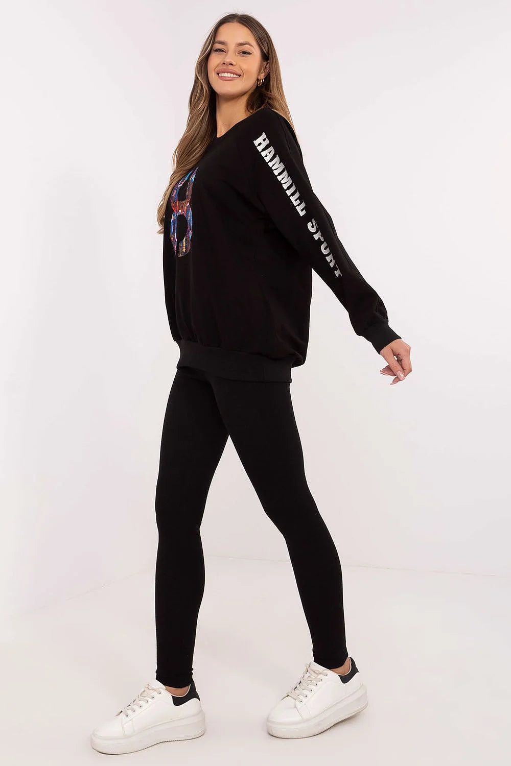 Ensemble sportif pour femme noir avec motif multicolore Miami Sports sweatshirt et leggings ajustés