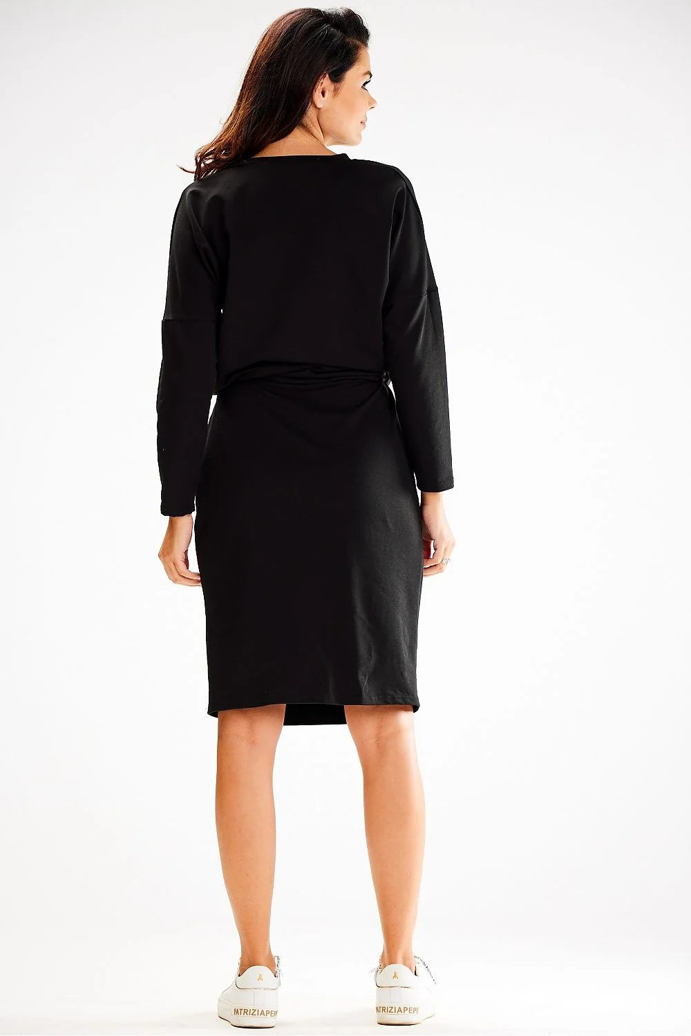 Robe de jour élégante pour femme en coton noir manches longues ceinture intégrée poches applique décorative