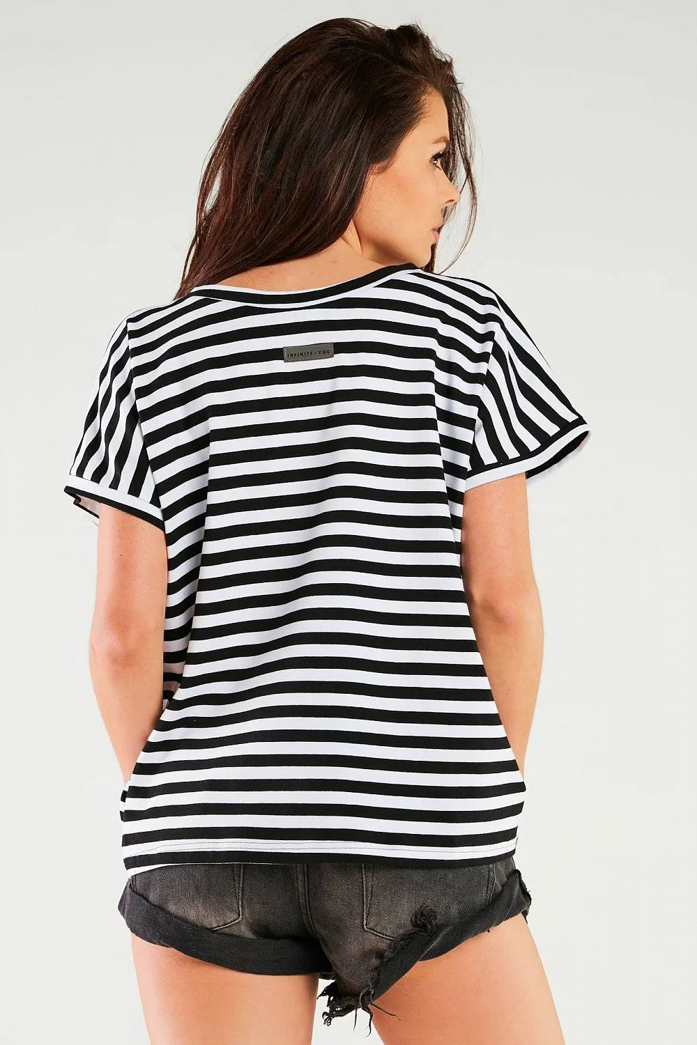 chemisier rayé noir blanc col V bordure noire coton lycra stretch manches courtes coupe ample boxy longueur hanches