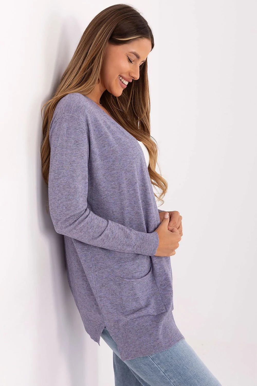 cardigan femme gilet ouvert maille fine chinée lilas violet coupe relaxed manches longues bords côtelés poches plaquées léger fluide confortable