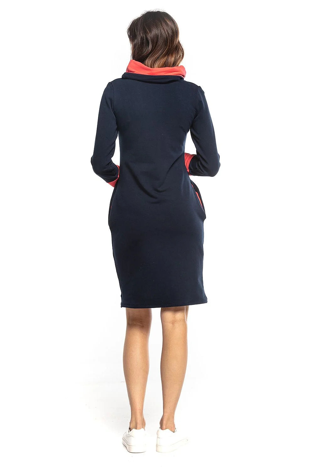 Robe en maille coton casual chic noire rose ajustée confortable manches longues avec poches femmes