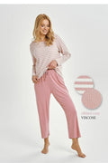 pyjama femme ensemble viscose côtelée rose poudré rayures horizontales manches longues pantalon chevilles taille élastique cordon ajustable doux respirant extensible