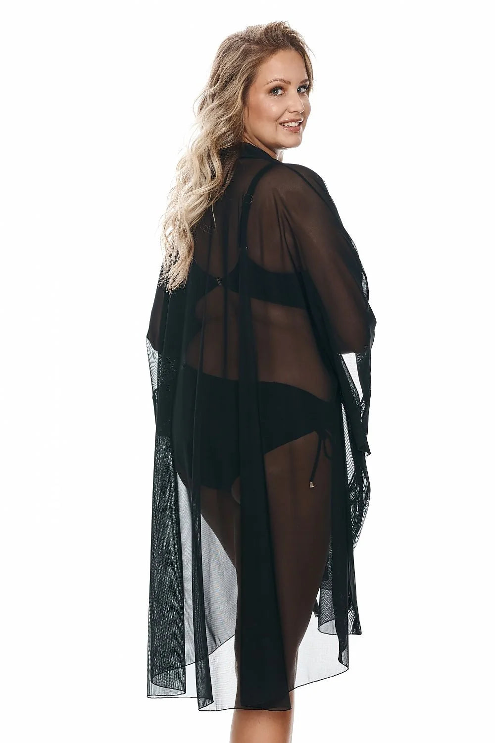 Paréo Lupo Line élégant aérien tulle noir manches longues coupe ample plage piscine femme