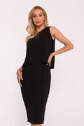 robe crayon noire midi sans manches top double couche drapé décolleté V dentelle délicate ajustée fente dos fermeture éclair cachée