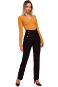 Tenue femme élégante chic en polyester élasthanne pantalons taille haute boutons dorés modernes