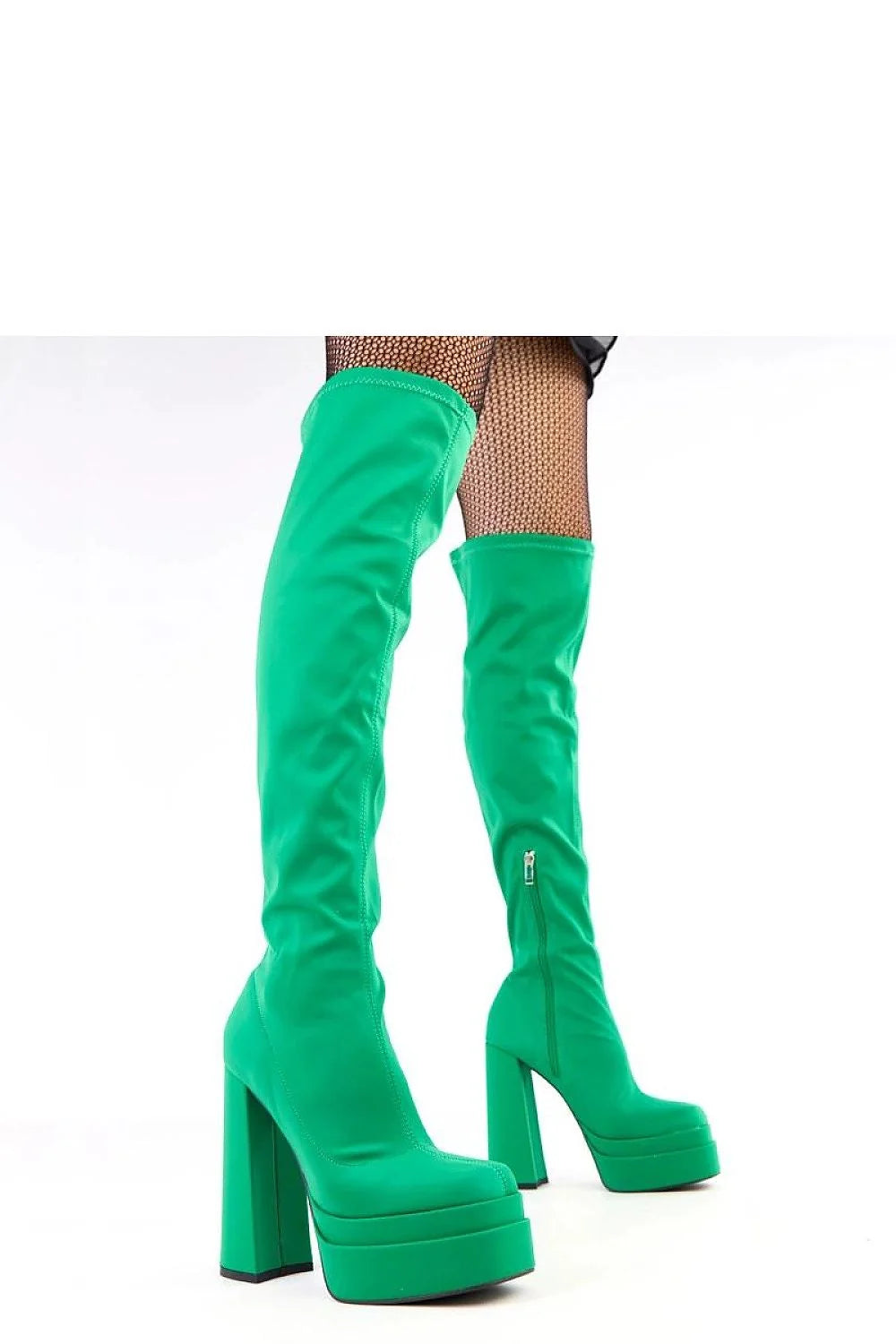 bottes mousquetaire cuissardes vert vif tissu stretch tige haute 53cm plateforme talon poteau nez carré doublure chaude